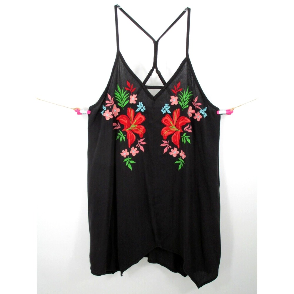 Vintage 90s Xhilaration Black Floral Embroidery Tank Top Women M Whimsical Boho